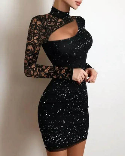 Elegant Summer Glitter Contrast Lace Cutout Plain Mock Neck Long Sleeve Party Dress - ROYAL EQUIPS