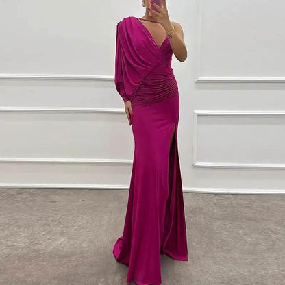One Shoulder Sleeve Solid Long Split Asymmetric Slim Dress Elegant V-neck - ROYAL EQUIPS