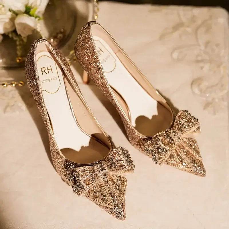 Luxury Pointed Toe Pumps Sequined Rhinestone Butterfly Gold Silver High Heels Party Wedding Shoes - ROYAL EQUIPS