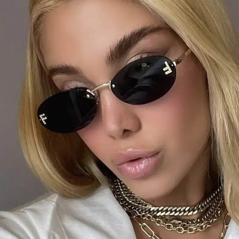 SlRimless Retro Oval Sunglasses Cat Eye Sun Glasses Frameless F Letter Sunglass Shade Driving Eyewear - ROYAL EQUIPS