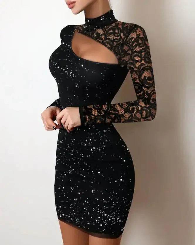 Elegant Summer Glitter Contrast Lace Cutout Plain Mock Neck Long Sleeve Party Dress - ROYAL EQUIPS