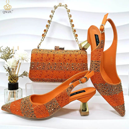 Gold Color Elegant Hollow Rhinestones High Heels Wedges Shoes Matching Bag - ROYAL EQUIPS