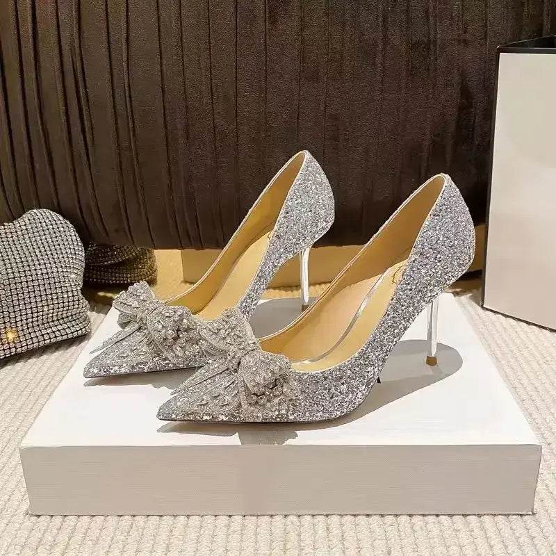 Luxury Pointed Toe Pumps Sequined Rhinestone Butterfly Gold Silver High Heels Party Wedding Shoes - ROYAL EQUIPS