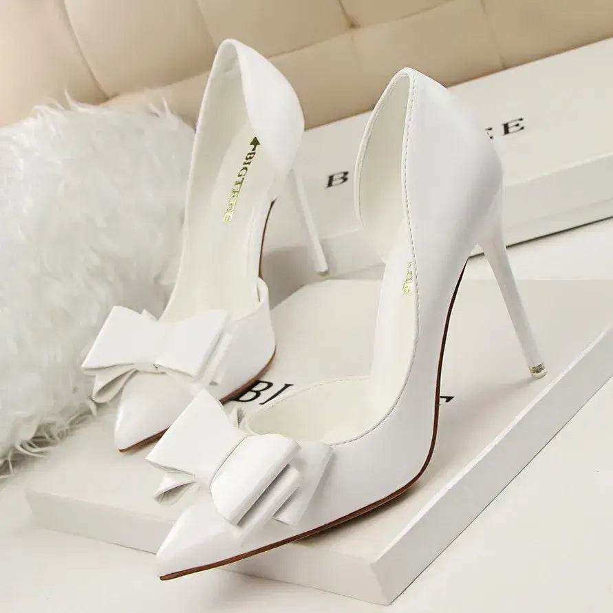 Women 7.5cm 10cm High Heels Leather Pumps Scarpins Sweet Cute Bow Low Heels Wedding Bridal Pink, Yellow, Blue Shoes - ROYAL EQUIPS
