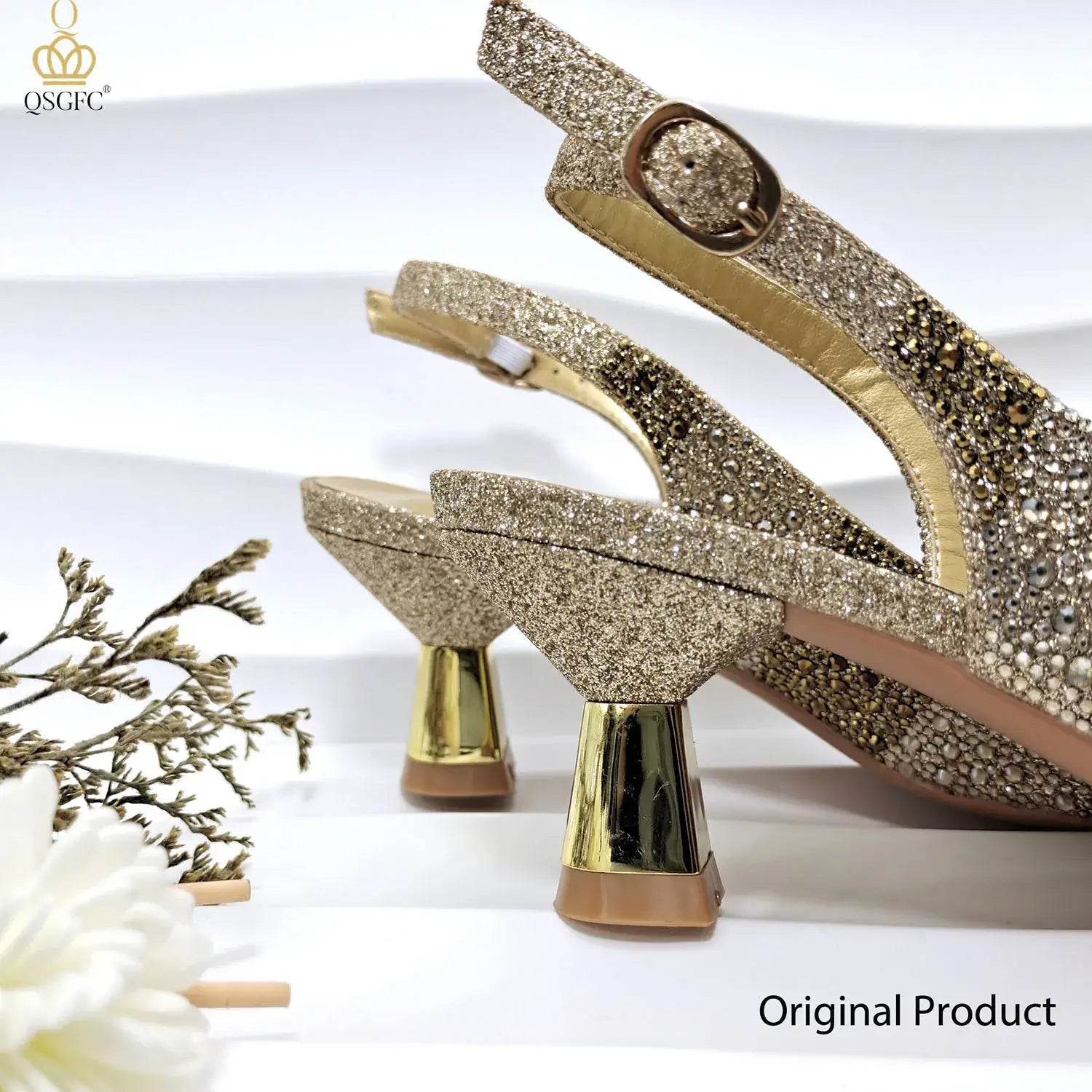 Gold Color Elegant Hollow Rhinestones High Heels Wedges Shoes Matching Bag - ROYAL EQUIPS