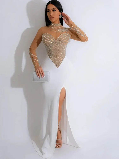 Crystal Embellished High Slit Maxi Dress Gown Glam Long Sleeve Diamonds Celebrities Outfits - ROYAL EQUIPS