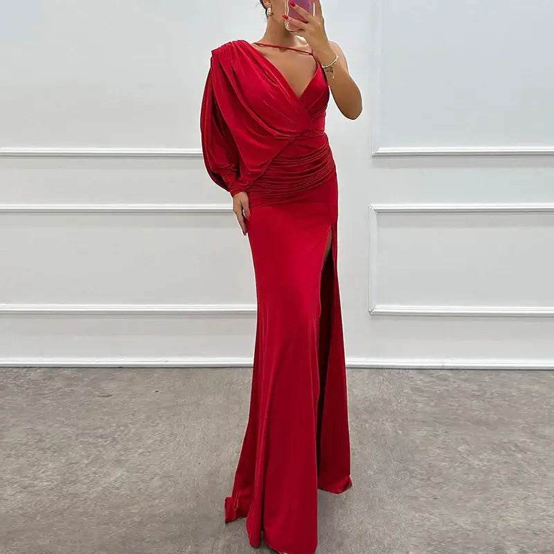 One Shoulder Sleeve Solid Long Split Asymmetric Slim Dress Elegant V-neck - ROYAL EQUIPS