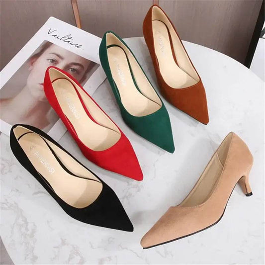 Low Heel Pumps Lady Pointed Toe Kitten Heels Female Green Flock Red - ROYAL EQUIPS