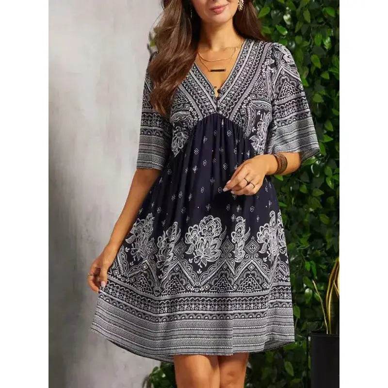 Vintage Printed V-Neck Short Sleeved Mini Dress - ROYAL EQUIPS