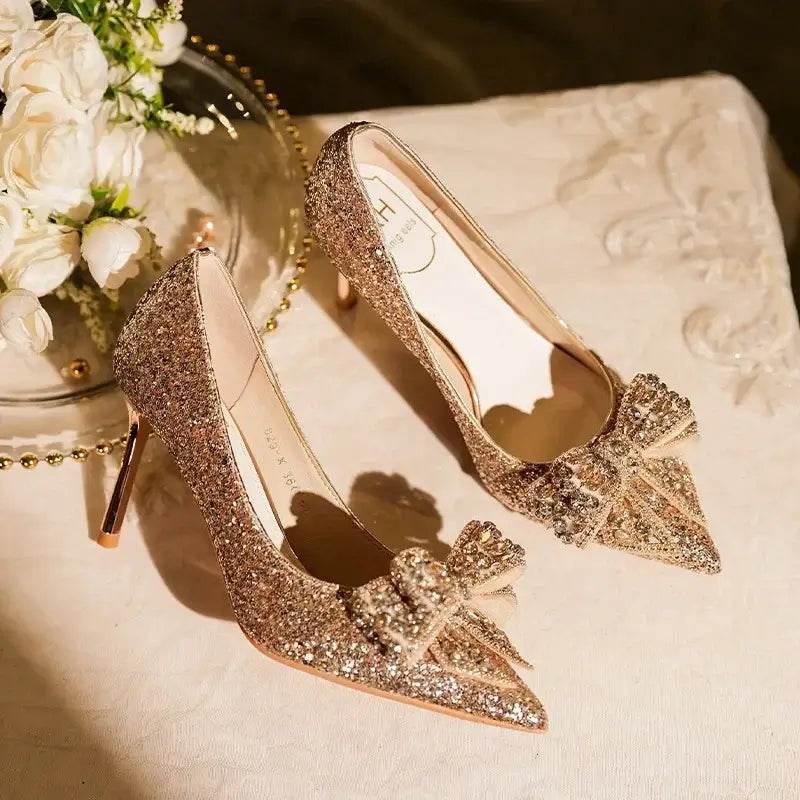 Luxury Pointed Toe Pumps Sequined Rhinestone Butterfly Gold Silver High Heels Party Wedding Shoes - ROYAL EQUIPS