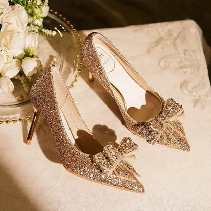 Luxury Pointed Toe Pumps Sequined Rhinestone Butterfly Gold Silver High Heels Party Wedding Shoes - ROYAL EQUIPS
