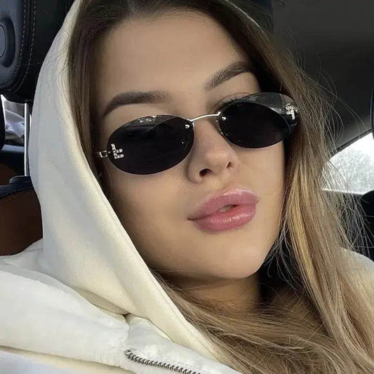 SlRimless Retro Oval Sunglasses Cat Eye Sun Glasses Frameless F Letter Sunglass Shade Driving Eyewear - ROYAL EQUIPS