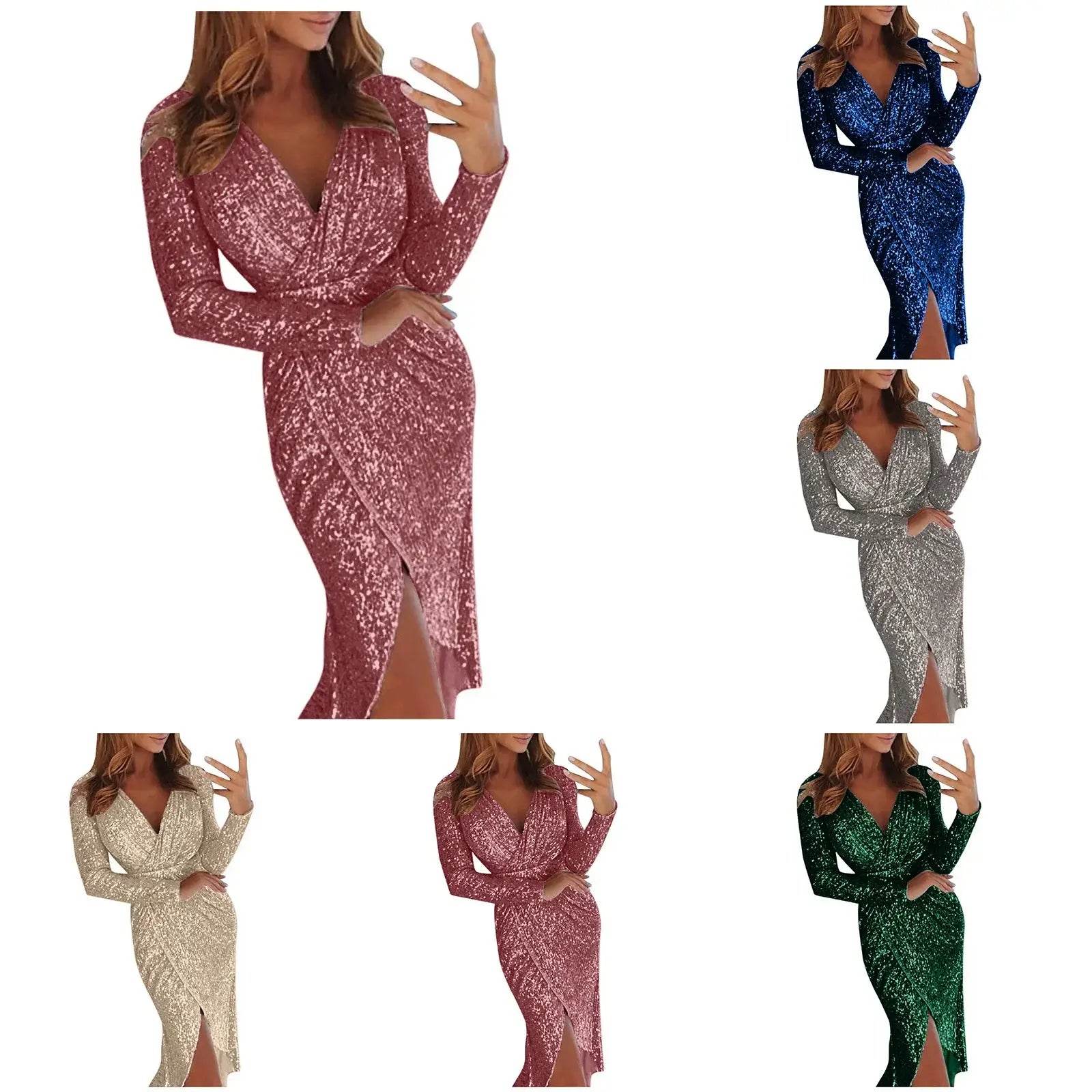 Deep V Neck Hot Stamping Wrap Hip Long Sleeve Wedding Performance Slim Dress - ROYAL EQUIPS