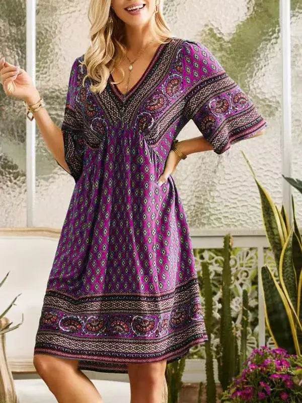 Vintage Printed V-Neck Short Sleeved Mini Dress - ROYAL EQUIPS