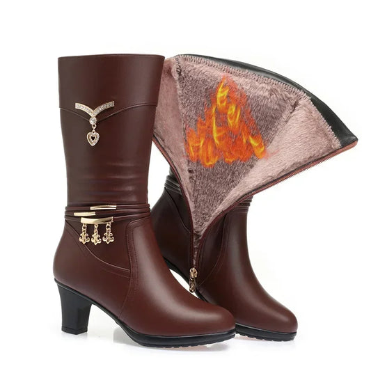 Thick Heel Side Zipper Pointed Leather Boots