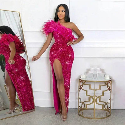 One Shoulder Elegant Glam Long Feather High Split Sequins Sparkly Gowns Dress - ROYAL EQUIPS
