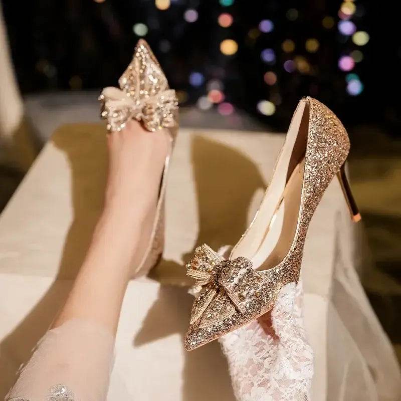 Luxury Pointed Toe Pumps Sequined Rhinestone Butterfly Gold Silver High Heels Party Wedding Shoes - ROYAL EQUIPS
