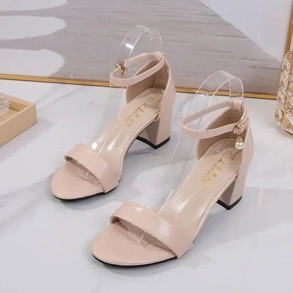 Ladies Pumps Round Toe PU 6CM Thick High Heels Buckle Strap Shallow Shoe Size 35-42 - ROYAL EQUIPS
