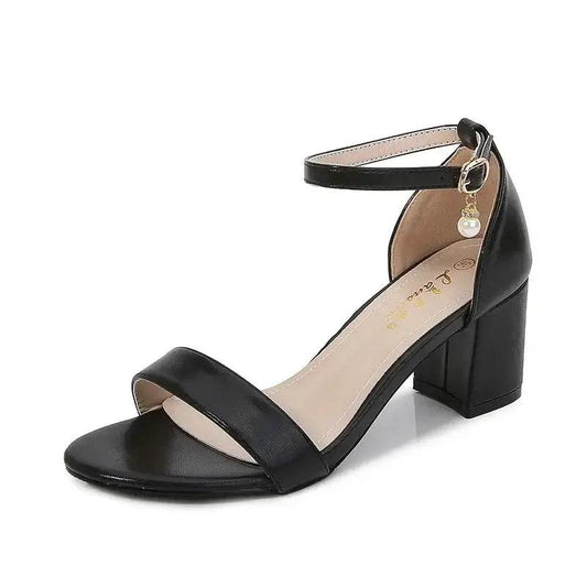 Ladies Pumps Round Toe PU 6CM Thick High Heels Buckle Strap Shallow Shoe Size 35-42 - ROYAL EQUIPS