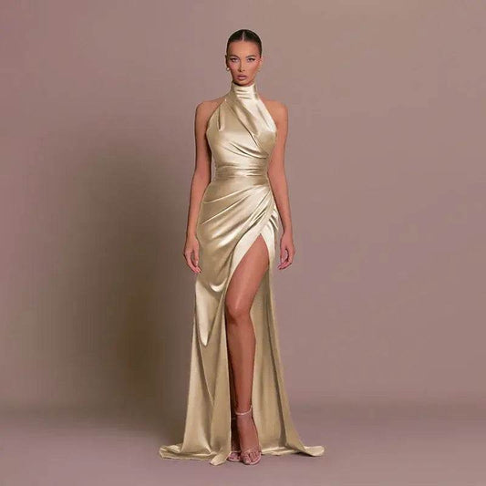 Silken Allure Backless Evening Dress - Elegant Halter Party Gown - ROYAL EQUIPS