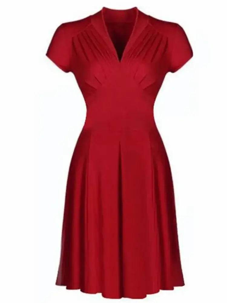 Solid Tea Women Retro V Neck Vintage Dress 50s 60s - ROYAL EQUIPS