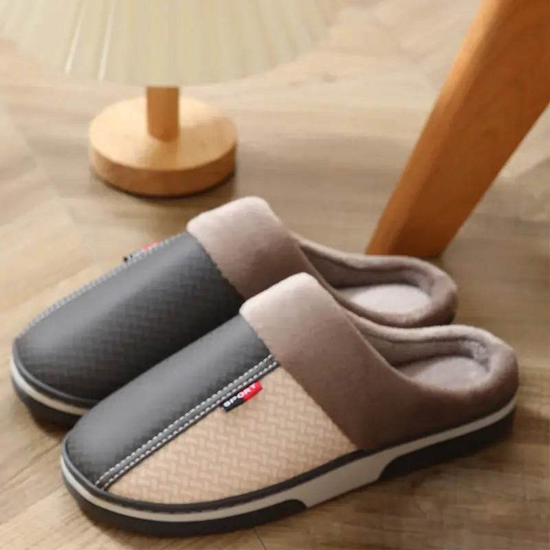 Men's Plush Slippers Home Indoor Non-slip PU Leather Upper Waterproof House slides Outside Male Shoe's - ROYAL EQUIPS