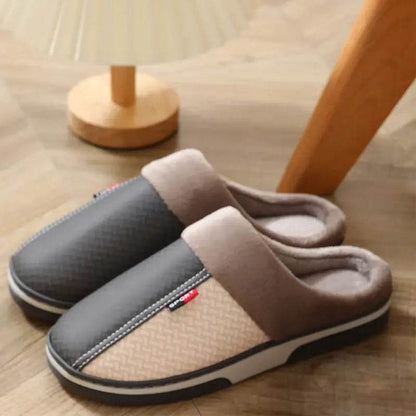 Men's Plush Slippers Home Indoor Non-slip PU Leather Upper Waterproof House slides Outside Male Shoe's - ROYAL EQUIPS