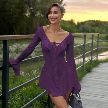 Talenza Backless Lace Up Slim Fit Mini Dress Women's Sexy Bell Sleeve Party Dress Solid Color Deep V High Waist Dress For Women - ROYAL EQUIPS