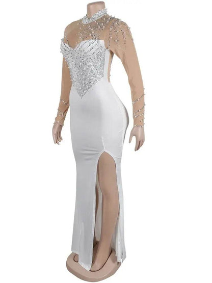 Crystal Embellished High Slit Maxi Dress Gown Glam Long Sleeve Diamonds Celebrities Outfits - ROYAL EQUIPS