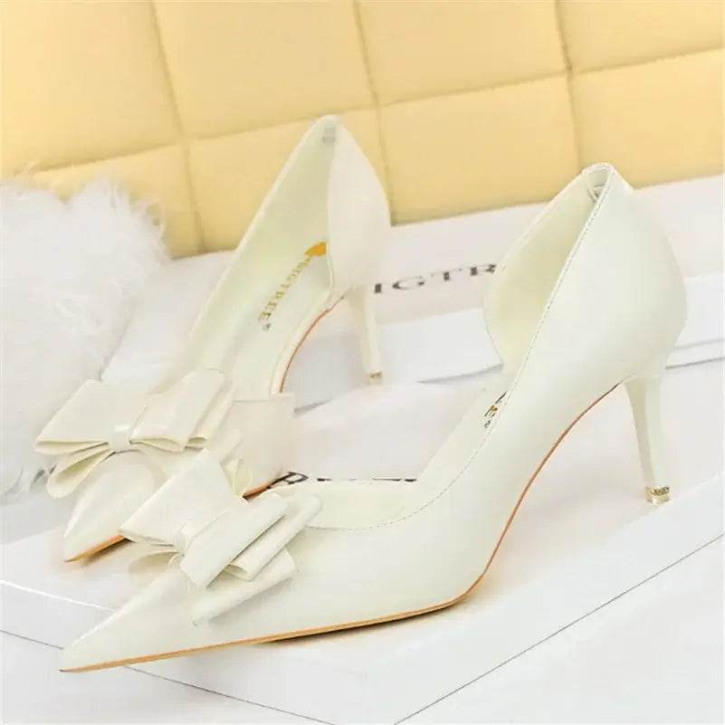 Women 7.5cm 10cm High Heels Leather Pumps Scarpins Sweet Cute Bow Low Heels Wedding Bridal Pink, Yellow, Blue Shoes - ROYAL EQUIPS