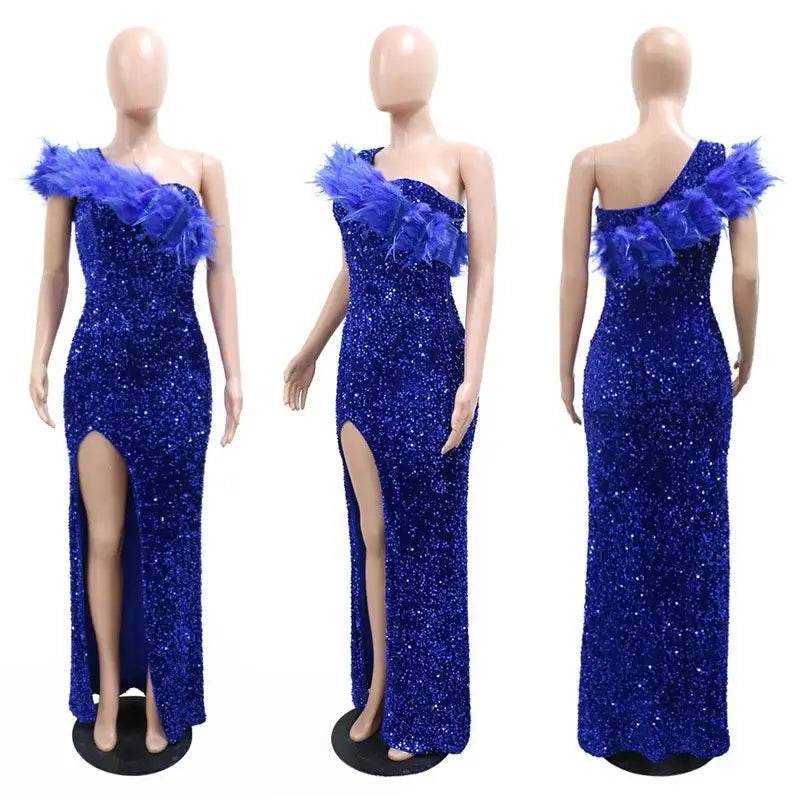 One Shoulder Elegant Glam Long Feather High Split Sequins Sparkly Gowns Dress - ROYAL EQUIPS