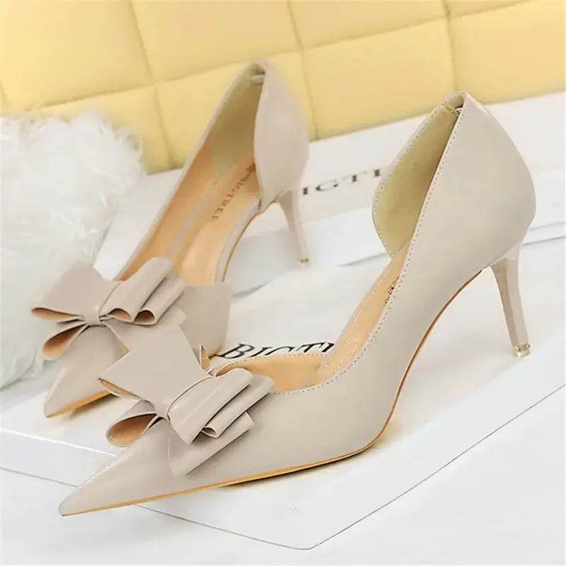 Women 7.5cm 10cm High Heels Leather Pumps Scarpins Sweet Cute Bow Low Heels Wedding Bridal Pink, Yellow, Blue Shoes - ROYAL EQUIPS