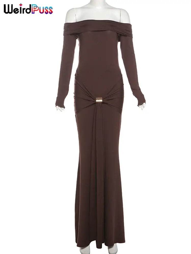 Elegant Ruched Metal Buckle Ribbon Slash Neck Full Sleeve Skinny Stretch Bodycon Dress - ROYAL EQUIPS