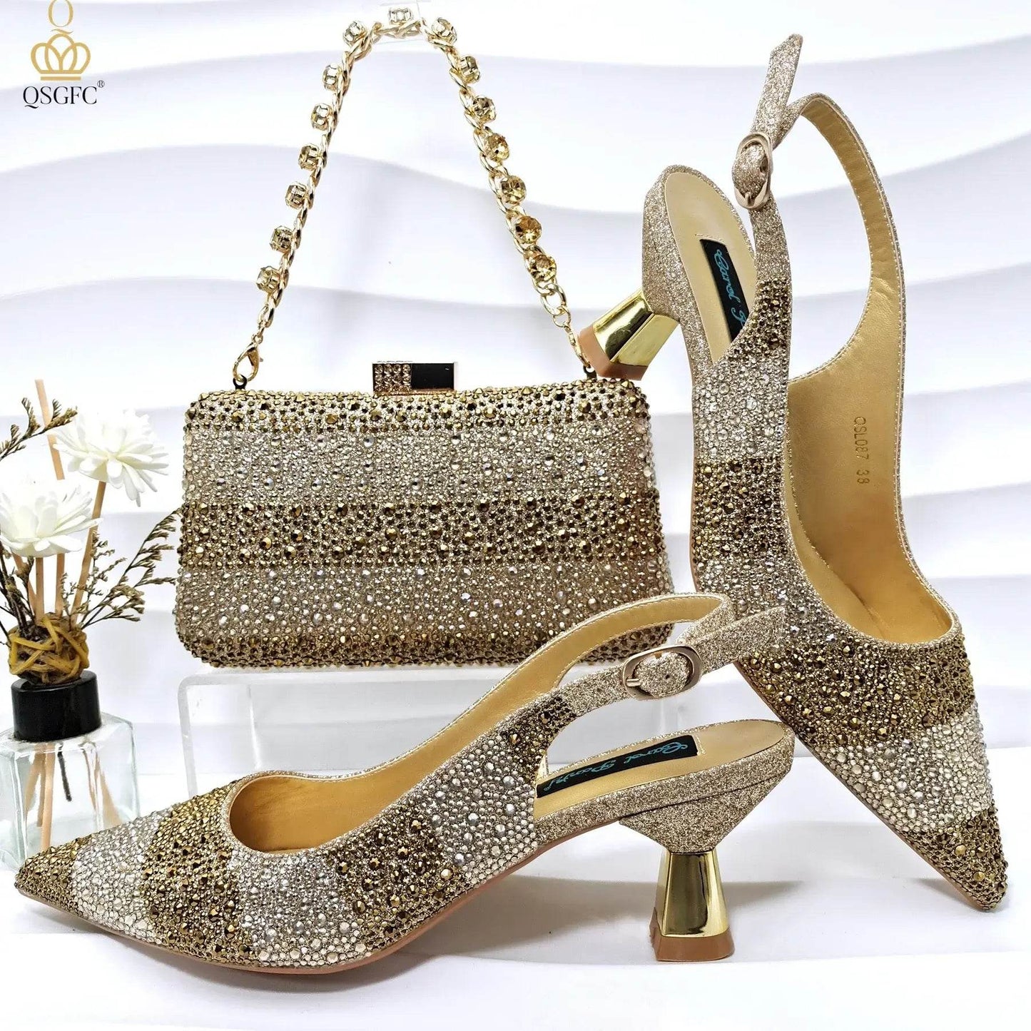 Gold Color Elegant Hollow Rhinestones High Heels Wedges Shoes Matching Bag - ROYAL EQUIPS