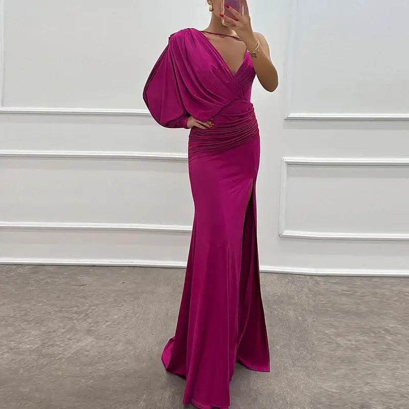One Shoulder Sleeve Solid Long Split Asymmetric Slim Dress Elegant V-neck - ROYAL EQUIPS