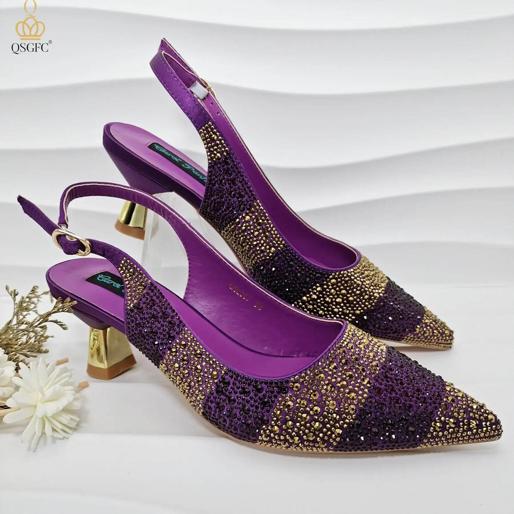 Gold Color Elegant Hollow Rhinestones High Heels Wedges Shoes Matching Bag - ROYAL EQUIPS