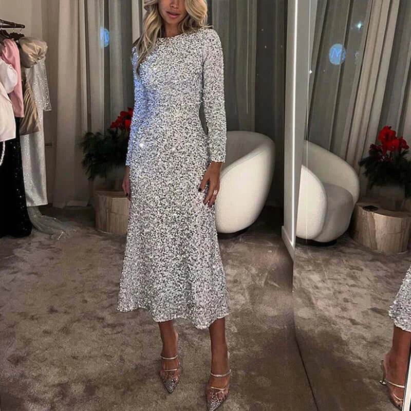 High Street Bodycon Long Sleeve Shinny Evening Dress Glitter O-Neck - ROYAL EQUIPS