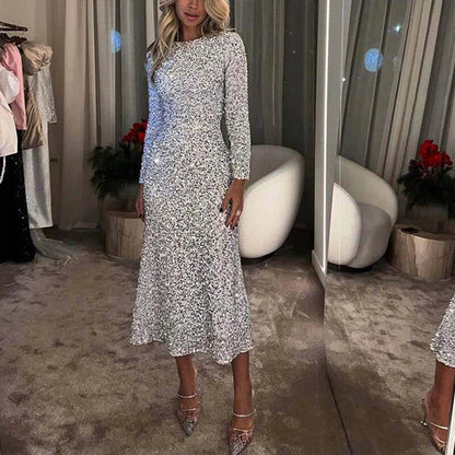 High Street Bodycon Long Sleeve Shinny Evening Dress Glitter O-Neck - ROYAL EQUIPS