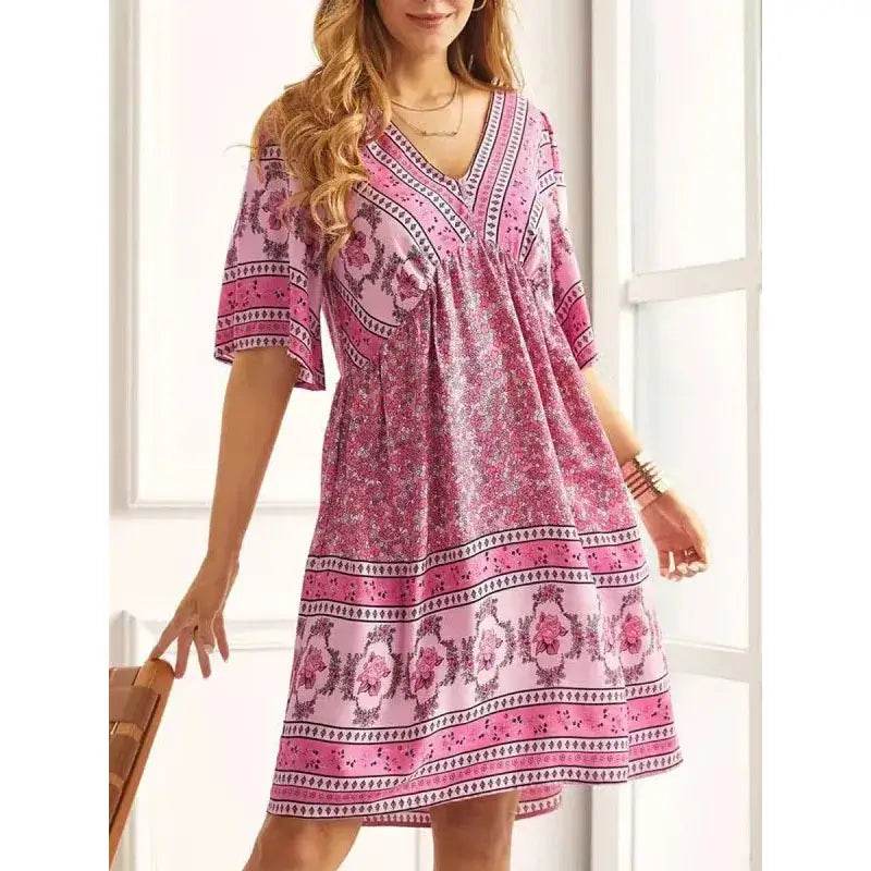 Vintage Printed V-Neck Short Sleeved Mini Dress - ROYAL EQUIPS