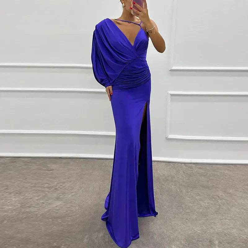 One Shoulder Sleeve Solid Long Split Asymmetric Slim Dress Elegant V-neck - ROYAL EQUIPS