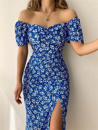 Floral Print Short Sleeve Hip Wrap Party Dress Elegant Off Shoulder Backless Waist Slit Boho Long Dress - ROYAL EQUIPS