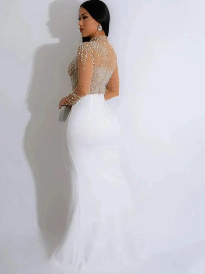 Crystal Embellished High Slit Maxi Dress Gown Glam Long Sleeve Diamonds Celebrities Outfits - ROYAL EQUIPS
