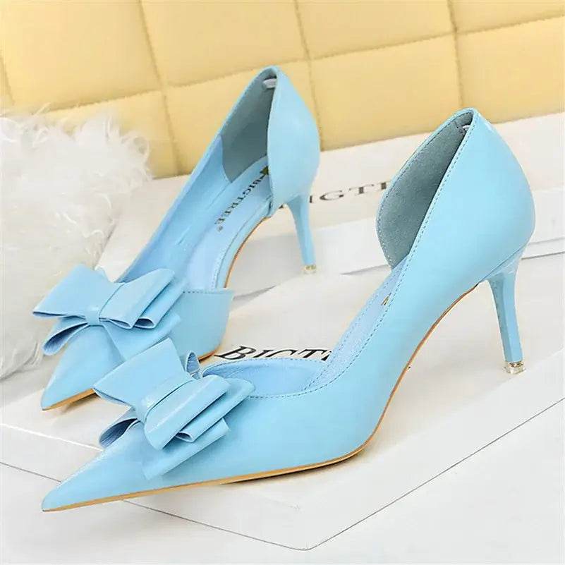 Women 7.5cm 10cm High Heels Leather Pumps Scarpins Sweet Cute Bow Low Heels Wedding Bridal Pink, Yellow, Blue Shoes - ROYAL EQUIPS