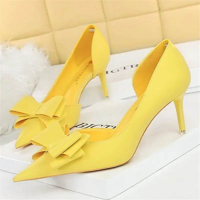 Women 7.5cm 10cm High Heels Leather Pumps Scarpins Sweet Cute Bow Low Heels Wedding Bridal Pink, Yellow, Blue Shoes - ROYAL EQUIPS