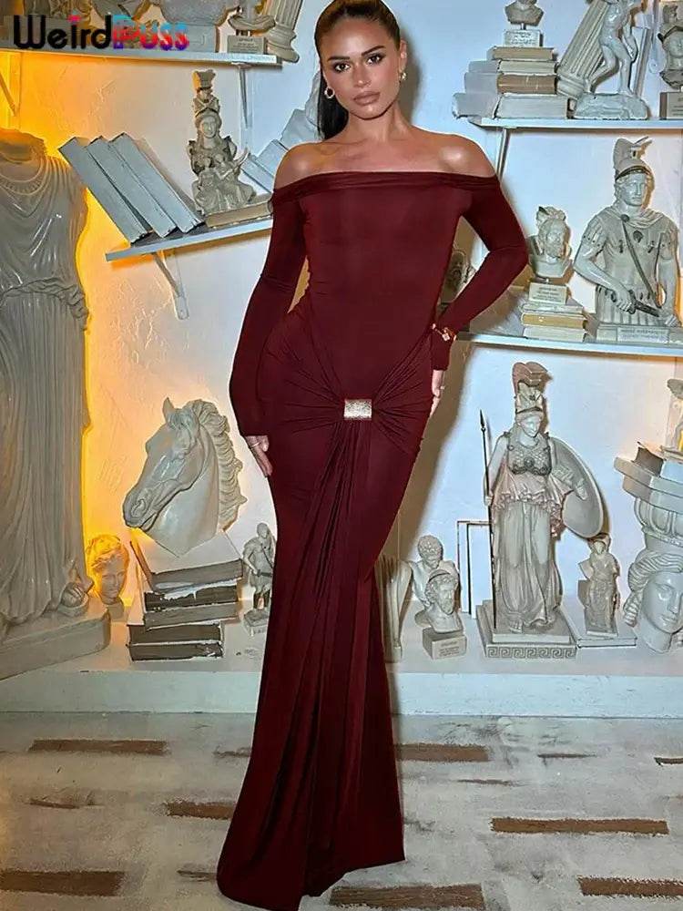 Elegant Ruched Metal Buckle Ribbon Slash Neck Full Sleeve Skinny Stretch Bodycon Dress - ROYAL EQUIPS