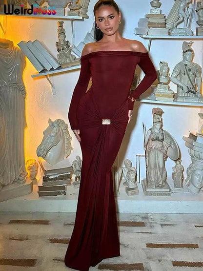 Elegant Ruched Metal Buckle Ribbon Slash Neck Full Sleeve Skinny Stretch Bodycon Dress - ROYAL EQUIPS