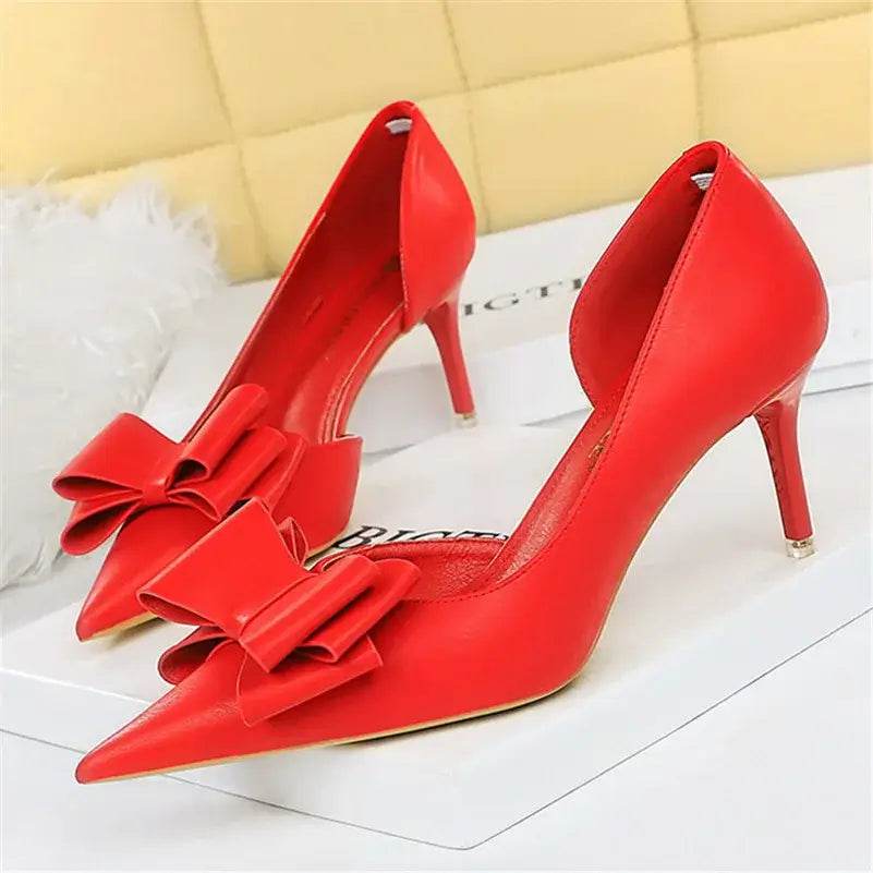 Women 7.5cm 10cm High Heels Leather Pumps Scarpins Sweet Cute Bow Low Heels Wedding Bridal Pink, Yellow, Blue Shoes - ROYAL EQUIPS
