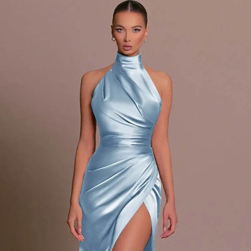 Silken Allure Backless Evening Dress - Elegant Halter Party Gown - ROYAL EQUIPS