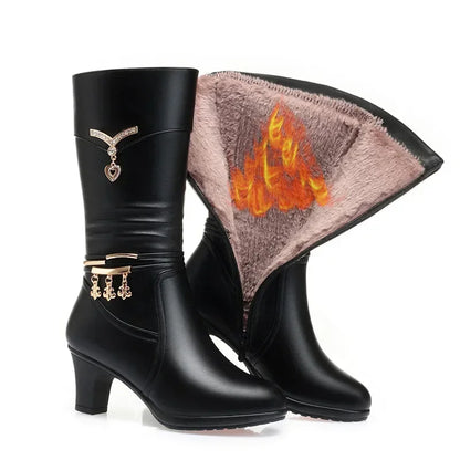 Thick Heel Side Zipper Pointed Leather Boots