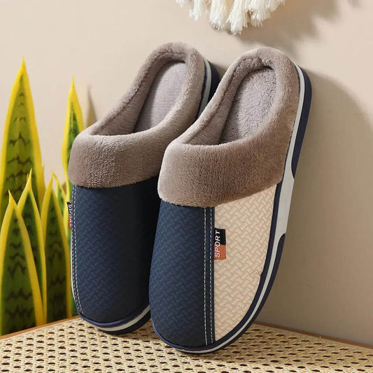 Men's Plush Slippers Home Indoor Non-slip PU Leather Upper Waterproof House slides Outside Male Shoe's - ROYAL EQUIPS